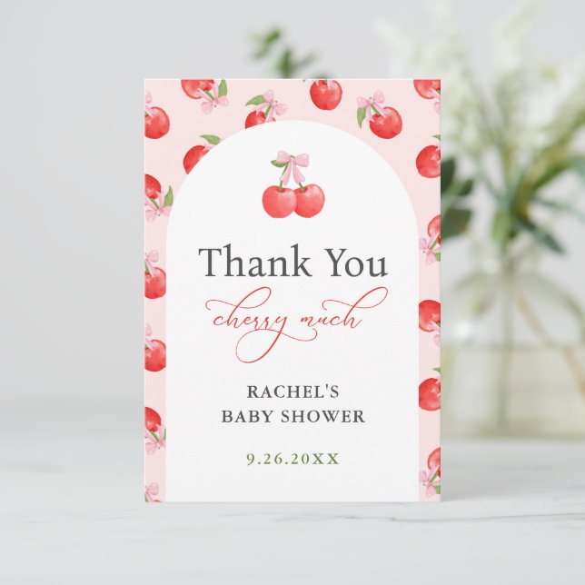 Bow Cherry on Top Baby Girl Shower Thank You Card (Standing Front)