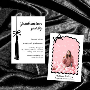 Bow Chic Black & White Grad Photo 2025 Graduation Invitation