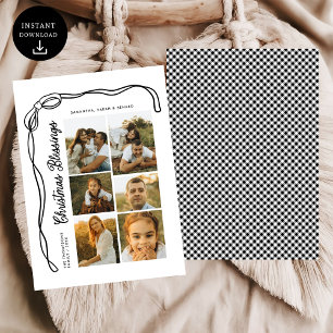 Bow Christmas Blessings Family 6 Photos Plaid Holiday Card