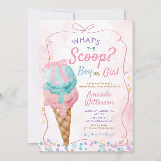 Bow Colourful Ice Cream Boy or Girl Gender Reveal Invitation (Front)