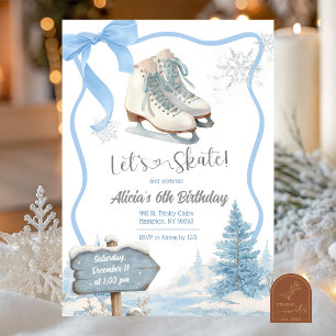 Bow Coquette Blue Girl Let's Skate Birthday Invitation