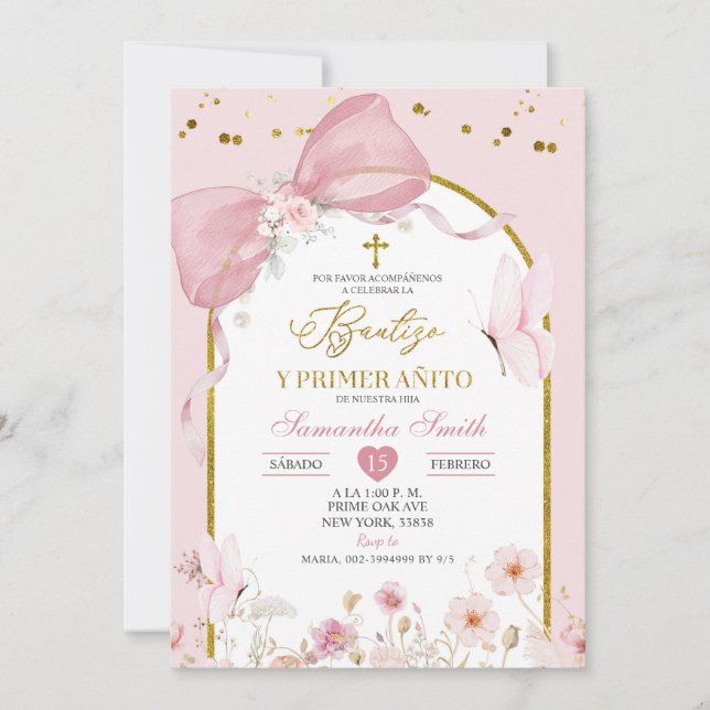Bow Coquette Blush Pink Bautizo Y Primer Anito Invitation (Front)