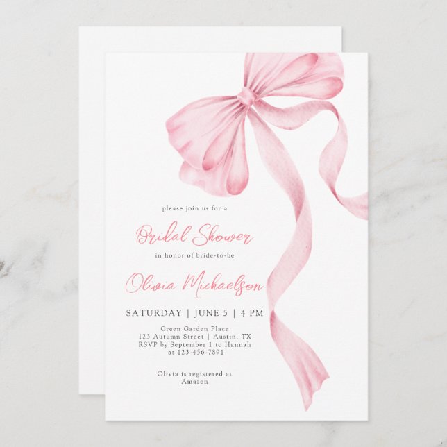 Bow Coquette Blush Pink Ribbon Bridal Shower Invitation (Front/Back)