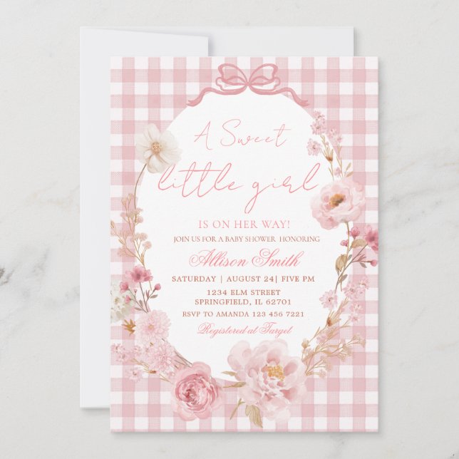 Bow Coquette Gingham Pink Bow Baby Shower Invitation (Front)