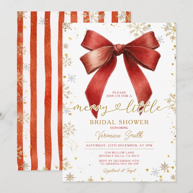 Bow coquette Merry Little Christmas Bridal Shower Invitation (Front/Back)