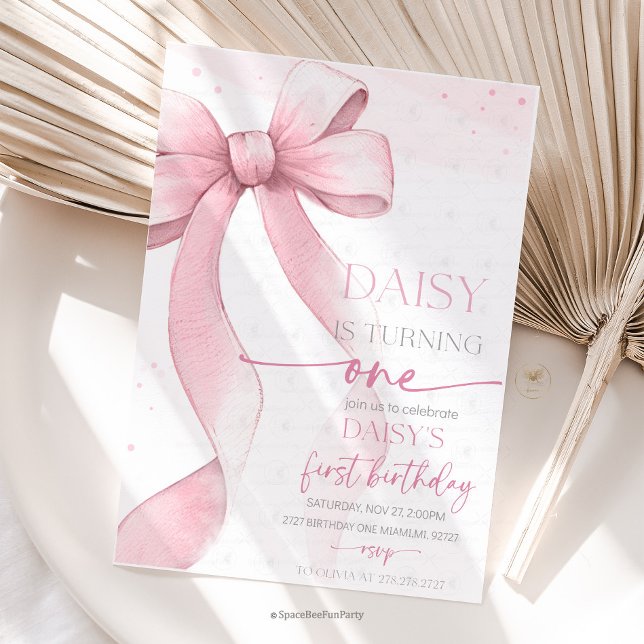 Bow Coquette Pink 1st Birthday  Invitation (Bow Coquette Birthday Invitation )