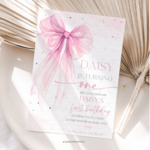 Bow Coquette Pink 1st Birthday Invitation