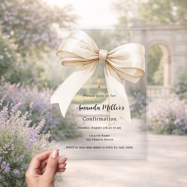 Bow cream beige girl clear Confirmation Acrylic Invitations (Creator Uploaded)