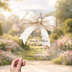 Bow cream beige girl clear Confirmation Acrylic Invitations