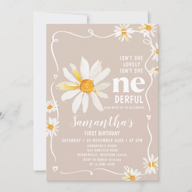 Bow Daisy Flowers Isn't She Onederful Birthday Invitation (Front)