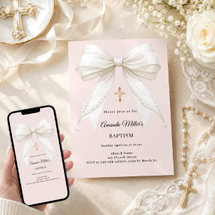 Bow dusty blush pink champagne pearls Baptism Invitation