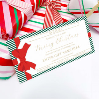 Bow Emerald Stripe Christmas Gift Voucher Card
