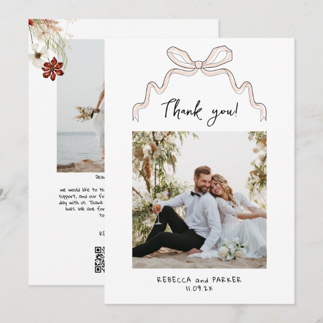 Bow et fleurs Mariage photo Merci Qr scan (Devant / Derrière)