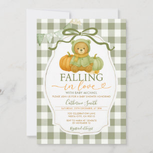 Bow Fall in love Bear Pumpkin Baby shower Gingham Invitation