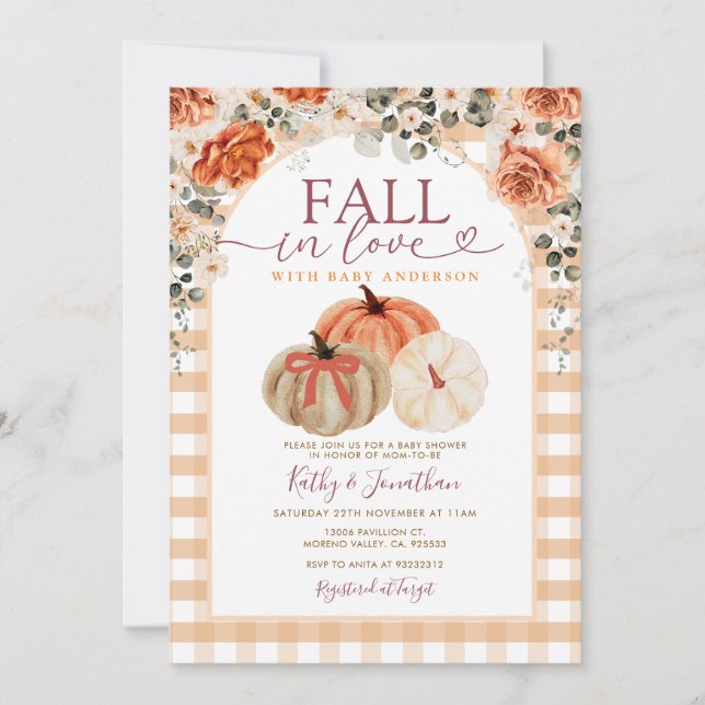 Bow Fall in Love Orange gingham Baby Shower Invitation (Front)