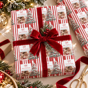 Bow Family Photo Preppy Red Stripe Merry Christmas Wrapping Paper