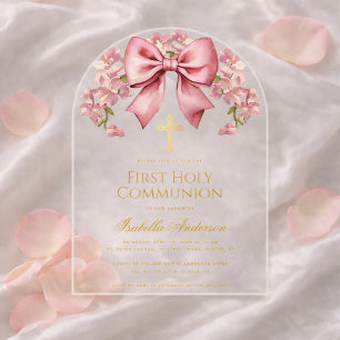 Bow First Communion Girl Pink Floral Elegant Acrylic Invitations