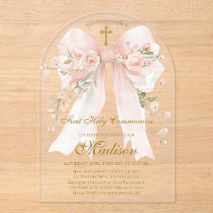Bow First Holy Communion Girl - Boho Arch Acrylic Invitations