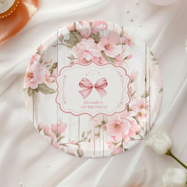  Bow Floral Fancy ONE Girl 1st Birthday  Paper Plate (Creator Uploaded)