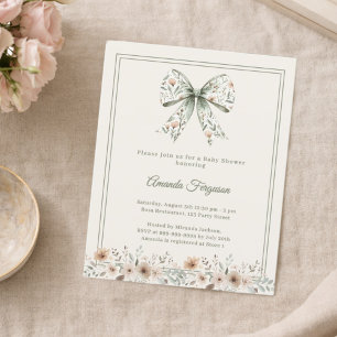Bow florals green ivory Baby Shower invitation