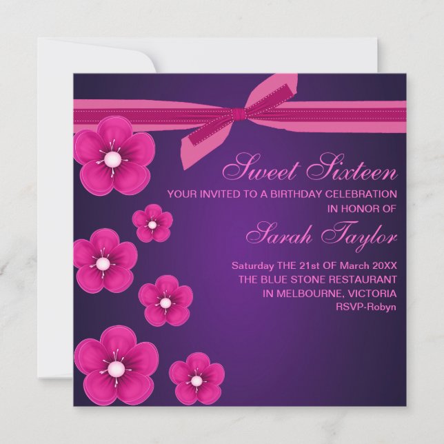 Bow/Flower Sweet Sixteen PurpleBirthday Invitation (Front)