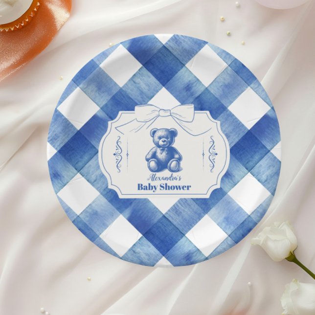 Bow Gingham French Teddy Bear Baby Shower Paper Plate (Creator Uploaded)