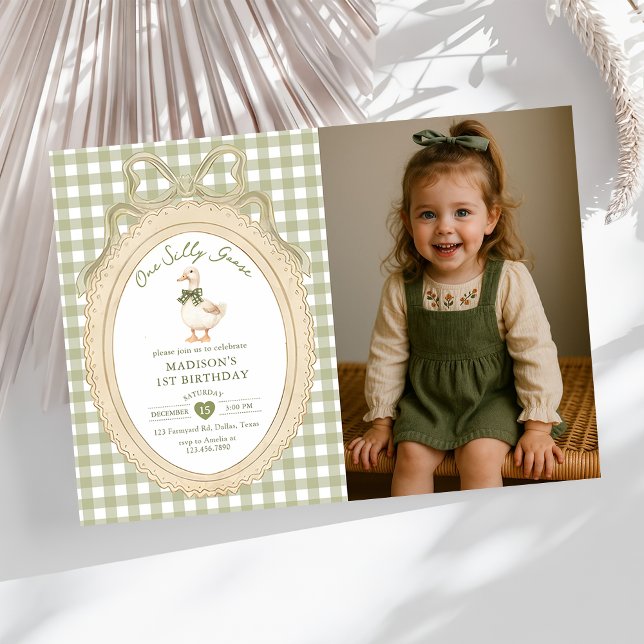 Bow Gingham One Silly Goose 1st Birthday Photo Invitation (Creator Uploaded)