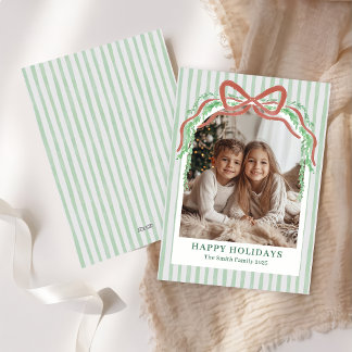 Bow Green Stripe Christmas Photo Holiday Card