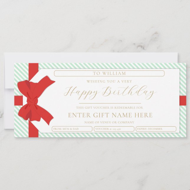 Bow Green Stripe Happy Birthday Gift Voucher Card (Front)
