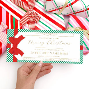 Bow Green Stripe Merry Christmas Gift Voucher Card