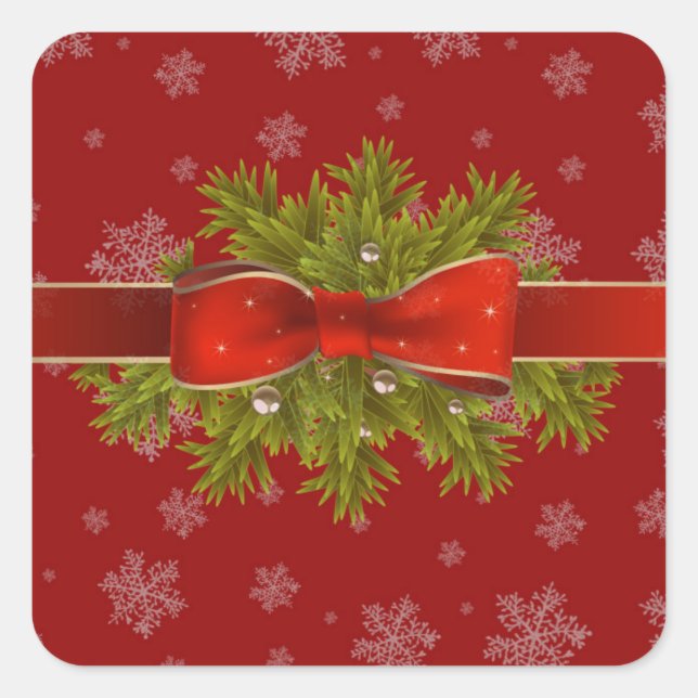 Bow, Greenery on Red Snowflake Covered Background  Square Sticker (Front)