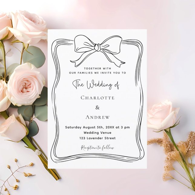 Bow hand drawn black white wedding invitation (Creator Uploaded)