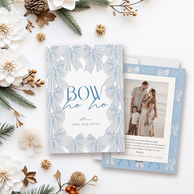 Bow Ho Ho Blue Bows Photo Christmas Holiday Card (Creator Uploaded)