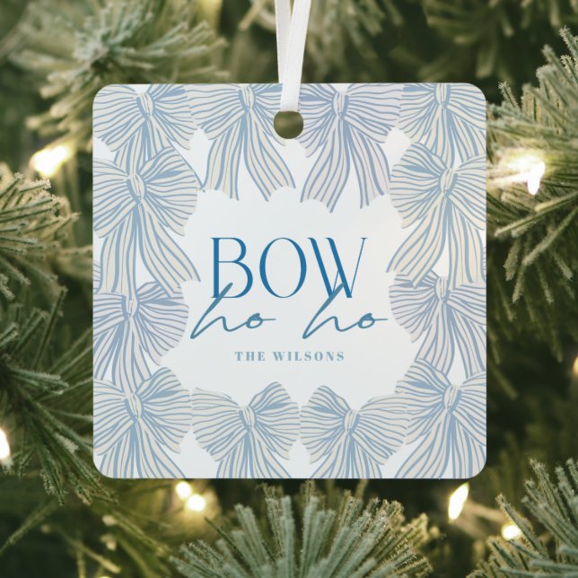 Bow Ho Ho Blue Bows Photo Christmas Holiday Metal Ornament (Insitu)