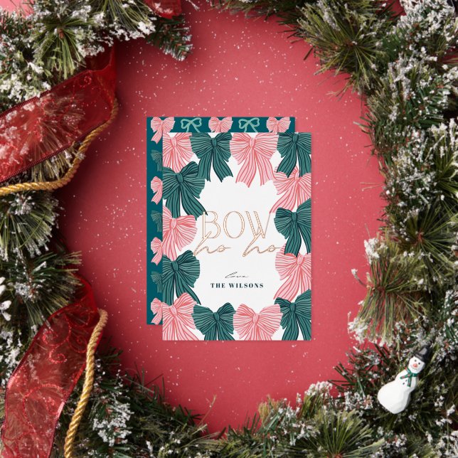 Bow Ho Ho Red & Green Bows Christmas Foil Holiday Card (Insitu)