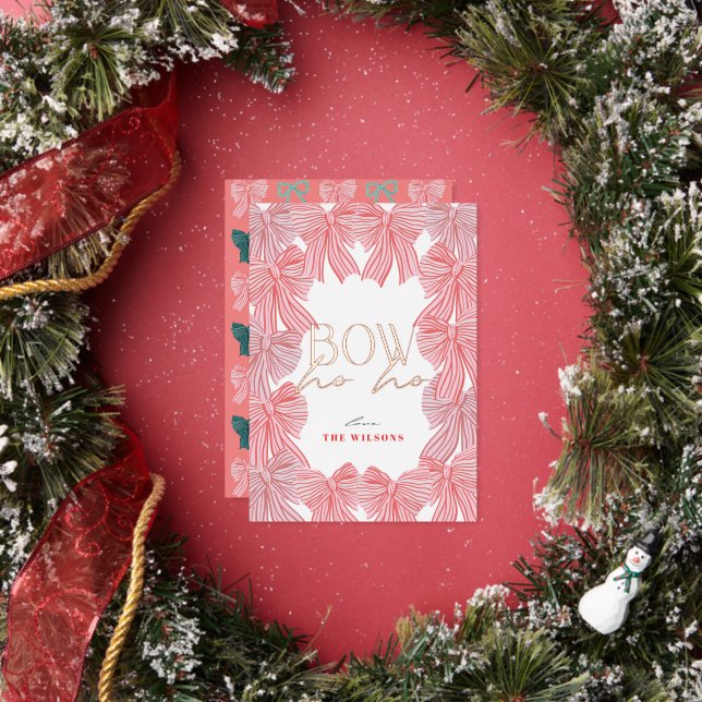 Bow Ho Ho Red & Pink Bows Christmas Foil Holiday Card (Insitu)