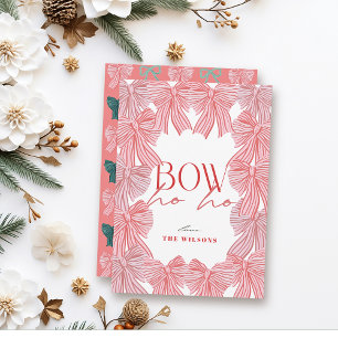 Bow Ho Ho Red & Pink Bows Christmas Holiday Card