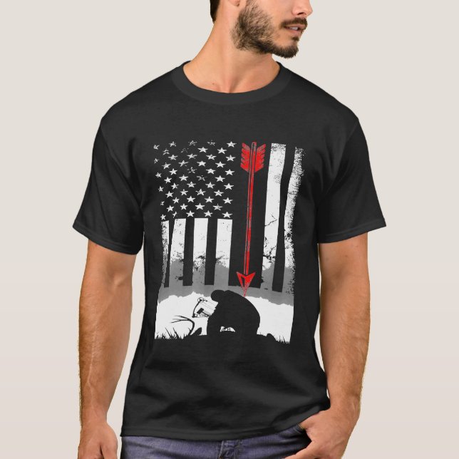Bow Hunting American Flag Deer For Arrow Hunters T-Shirt (Front)
