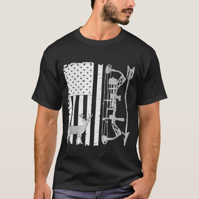 Bow Hunting American Flag Deer For Hunters T-Shirt (Front)