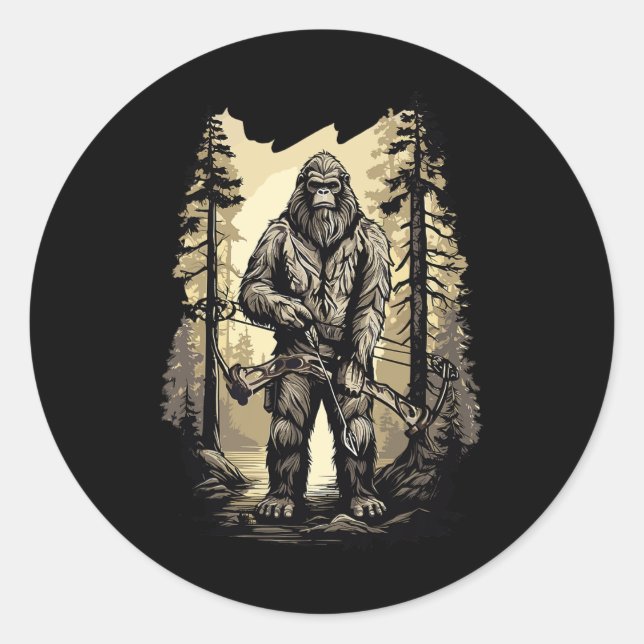 Bow Hunting Bigfoot Funny Hunting Gift  Classic Round Sticker (Front)