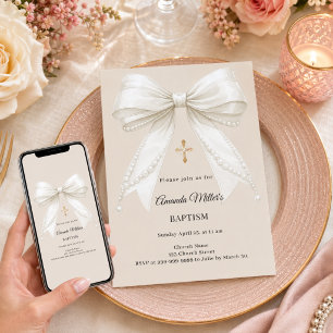Bow Ivory Beige Pearls Girl Elegant Baptism Invitation