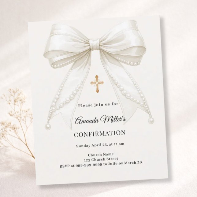 Bow ivory pearls girl Confirmation invitation (Creator Uploaded)