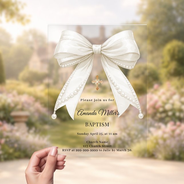 Bow Ivory Pearls Girl Elegant Baptism Acrylic Invitations (Creator Uploaded)