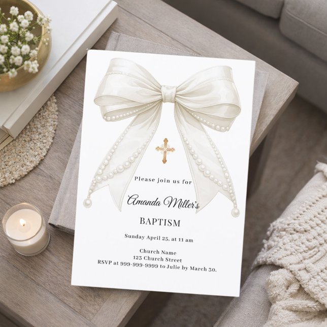 Bow Ivory Pearls Girl Elegant Baptism Invitation (Creator Uploaded)