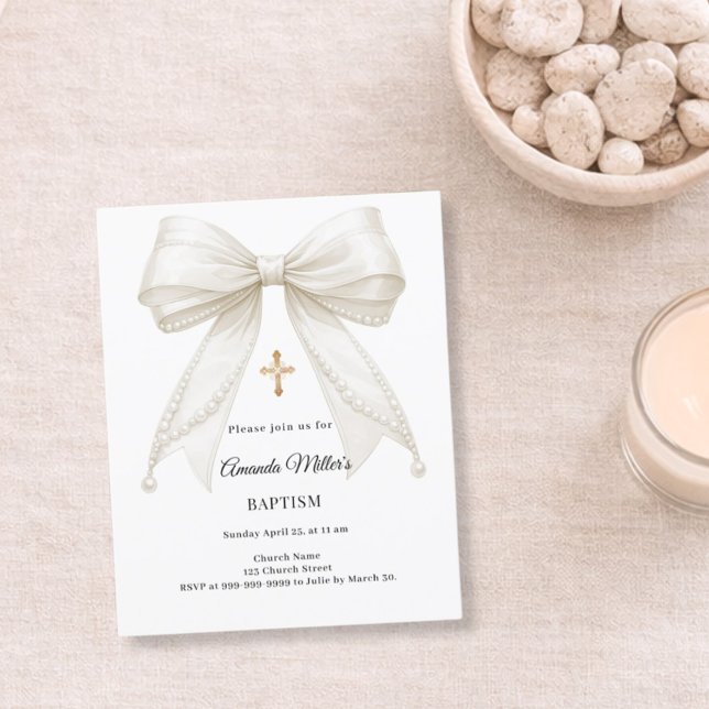 Bow Ivory Pearls Girl Elegant Baptism invitation (Creator Uploaded)
