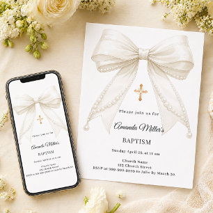 Bow Ivory Pearls Girl Elegant Baptism Invitation