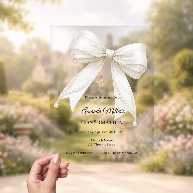Bow ivory pearls girl elegant clear Confirmation Acrylic Invitations (Creator Uploaded)