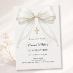 Bow ivory pearls girl elegant Confirmation Invitation<br><div class="desc">Celebrate your daughter's milestone with this elegant Confirmation invitation. This design features a stunning,  oversized ivory silk bow adorned with delicate pearl strands and a central ornate gold cross. It is the perfect choice for a traditional Catholic ceremony or a sophisticated religious celebration for a young girl.</div>