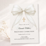 Bow ivory pearls girl elegant First Communion Invitation<br><div class="desc">Elegant First Holy Communion invitation featuring a beautiful ivory ribbon bow with pearl details and a delicate gold cross. This personalized communion invitation offers a timeless and graceful design perfect for celebrating a girl’s First Communion. The soft ivory background and elegant bow create a classic, refined look that suits both...</div>