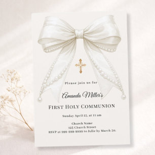 Bow ivory pearls girl elegant First Communion Invitation